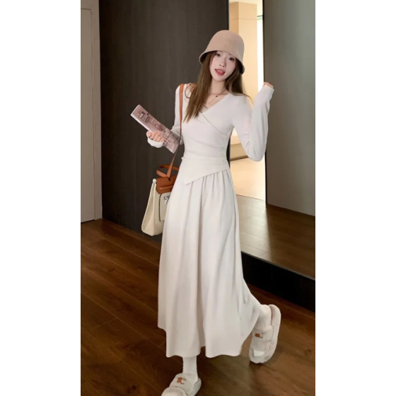 鹽系氣質杏色假兩件長洋