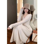 鹽系氣質杏色假兩件長洋