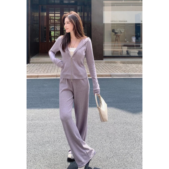 紫色連帽衛衣短款套裝