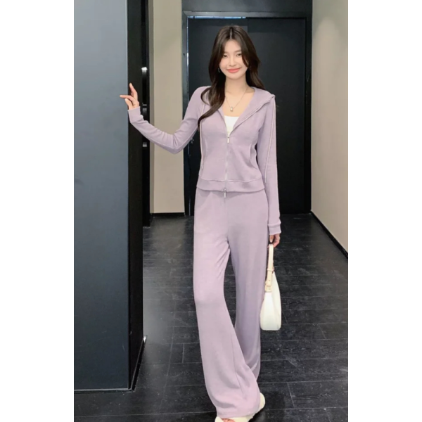 紫色連帽衛衣短款套裝