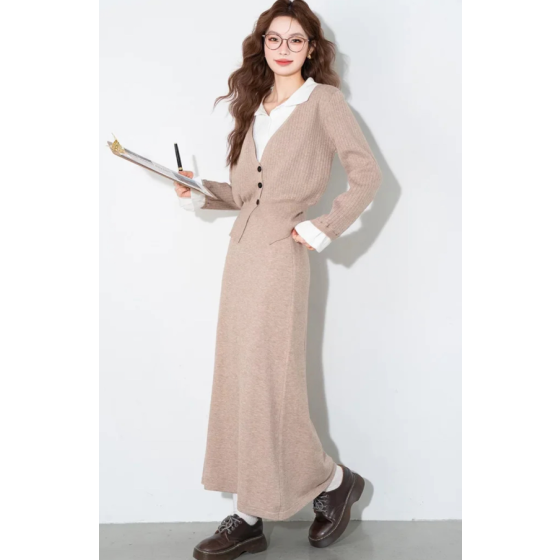 撞色polo領長洋套裝