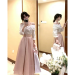 刺繡蝴蝶結一字肩芭蕾洋裝