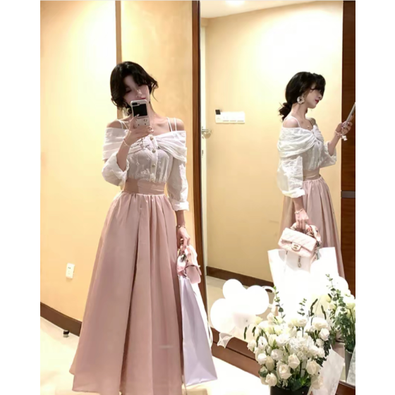 刺繡蝴蝶結一字肩芭蕾洋裝