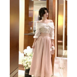 刺繡蝴蝶結一字肩芭蕾洋裝