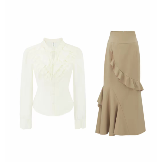 法式氣質收腰荷葉邊魚尾套裝