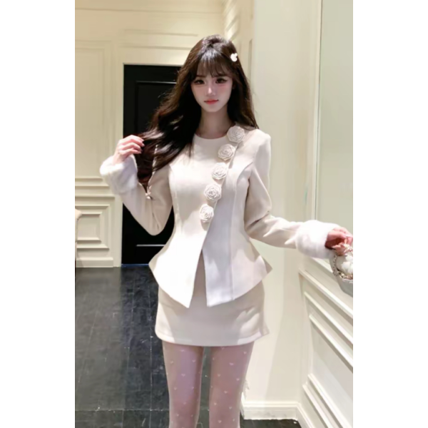 千金毛領毛呢外套短裙名媛風兩件套裝