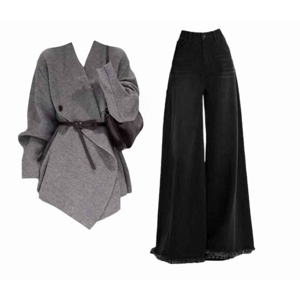 氣質V領毛衣高腰闊腿褲套裝