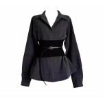 A high-end grey shirt with a waistband and a cinched waist