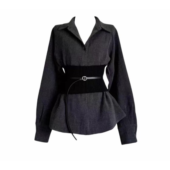 A high-end grey shirt with a waistband and a cinched waist