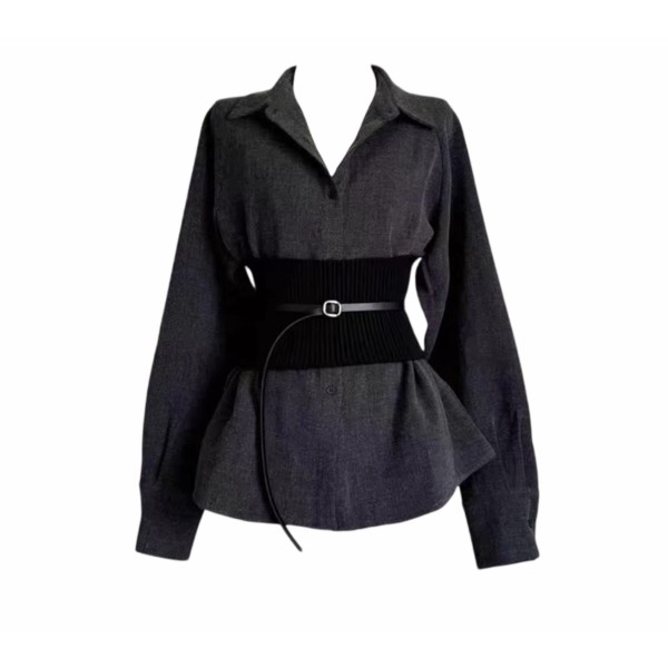 A high-end grey shirt with a waistband and a cinched waist